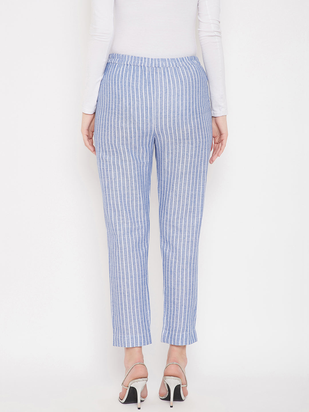 Ink Blue Cotton Striped Regular Trouser (Sku-BLMD21SP30).