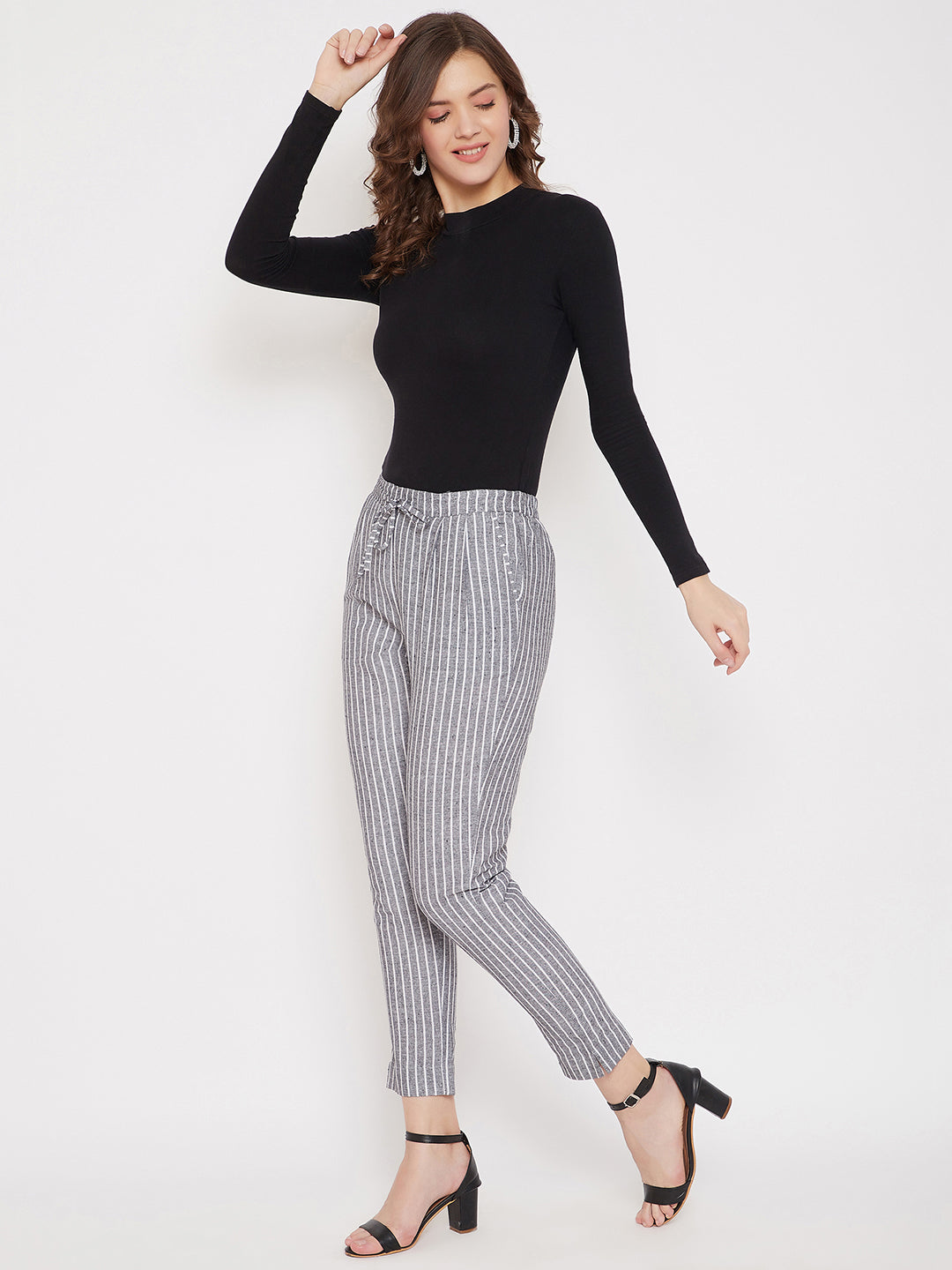 Grey Cotton Striped Regular Trouser (Sku-BLMD21SP32).