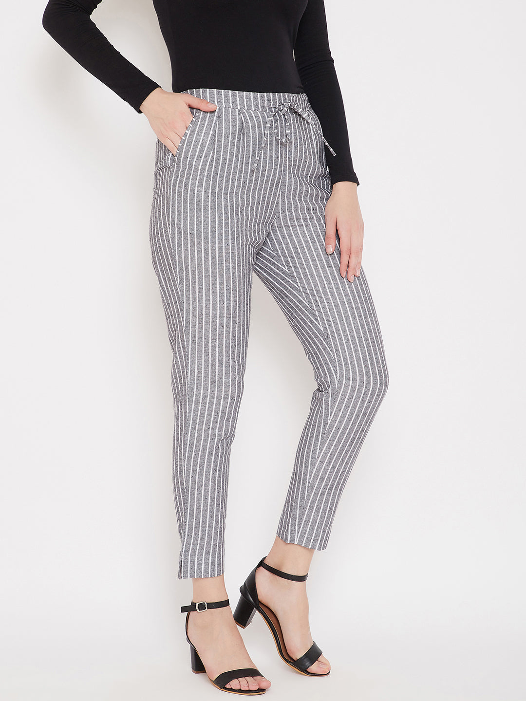 Grey Cotton Striped Regular Trouser (Sku-BLMD21SP32).