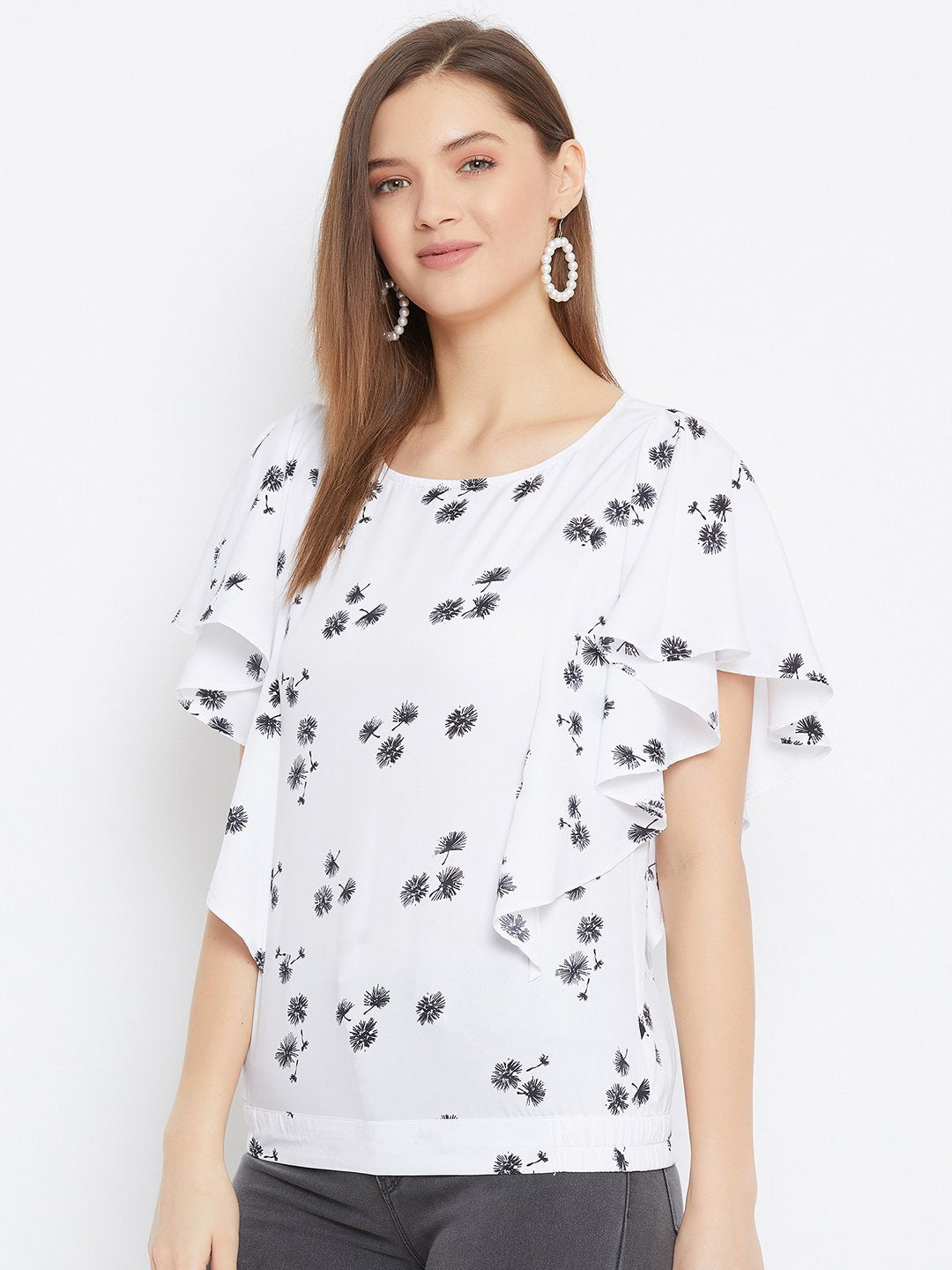 White And Black Printed Ruffle Top.