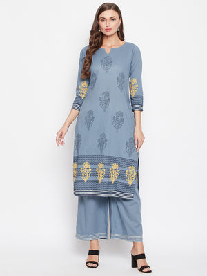 Steel Grey Ethnic Motifs Block Printed Kurta & Palazzo Set.