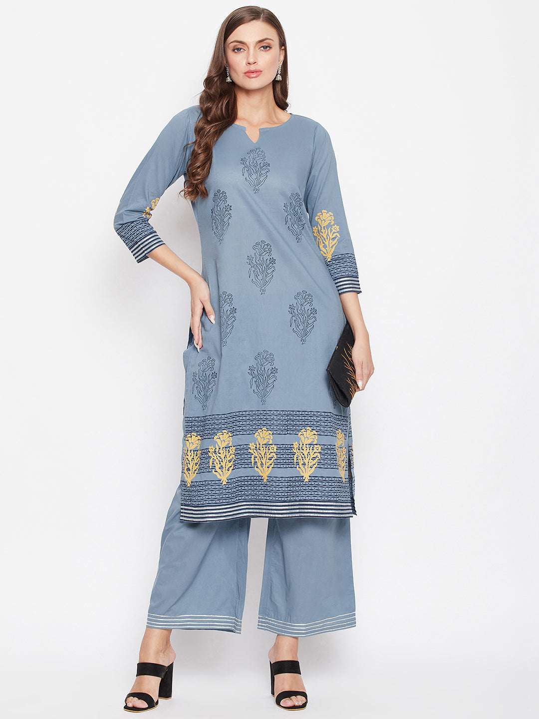 Steel Grey Ethnic Motifs Block Printed Kurta & Palazzo Set.