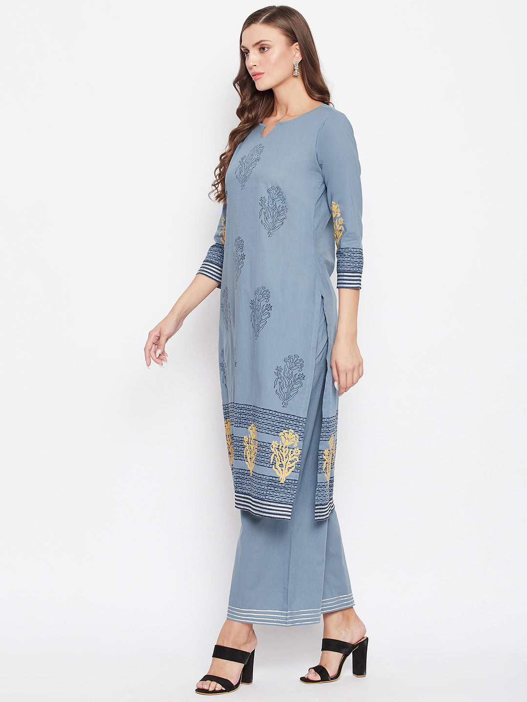 Steel Grey Ethnic Motifs Block Printed Kurta & Palazzo Set.