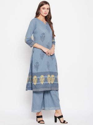 Steel Grey Ethnic Motifs Block Printed Kurta & Palazzo Set.