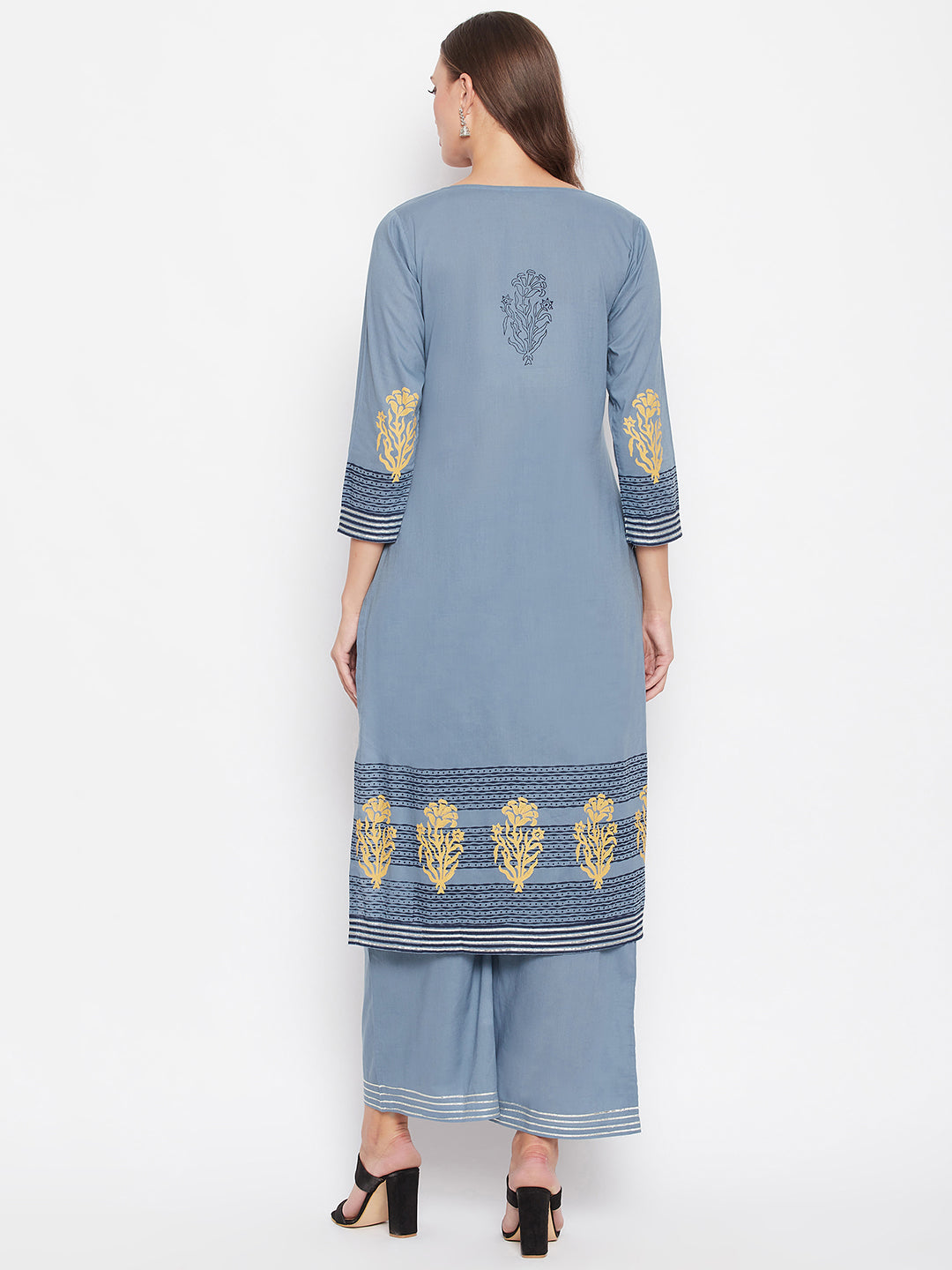 Steel Grey Ethnic Motifs Block Printed Kurta & Palazzo Set.