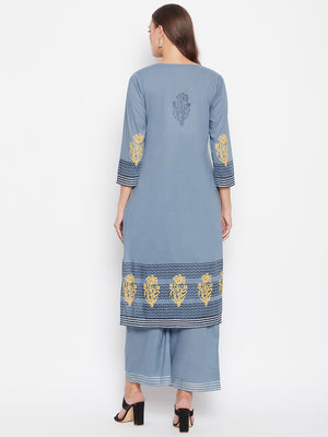 Steel Grey Ethnic Motifs Block Printed Kurta & Palazzo Set.