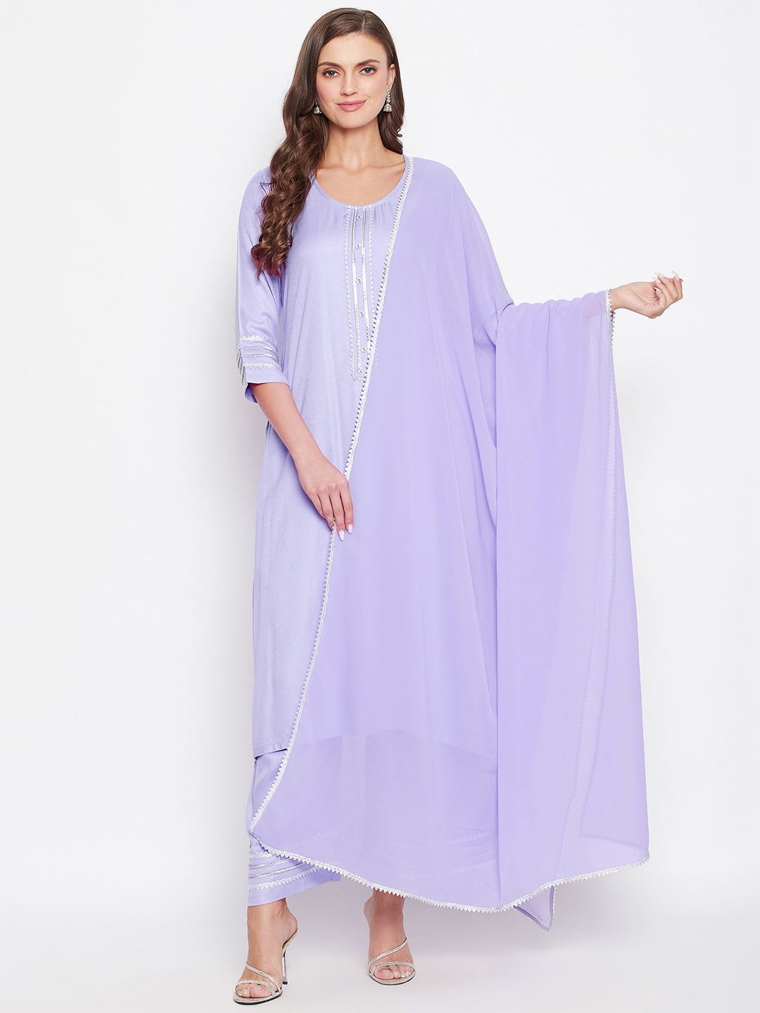 Zari Border Kurta Palazzo Dupatta Set.