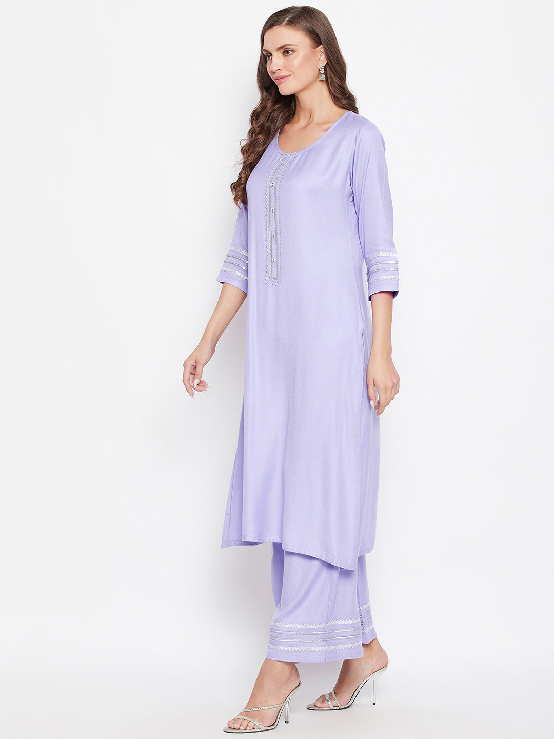 Zari Border Kurta Palazzo Dupatta Set.