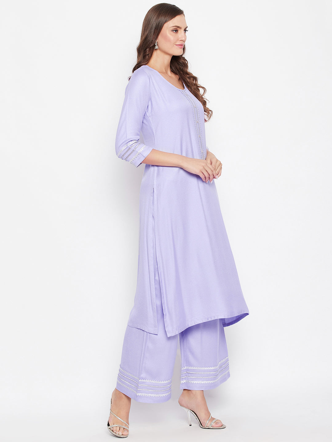 Zari Border Kurta Palazzo Dupatta Set.