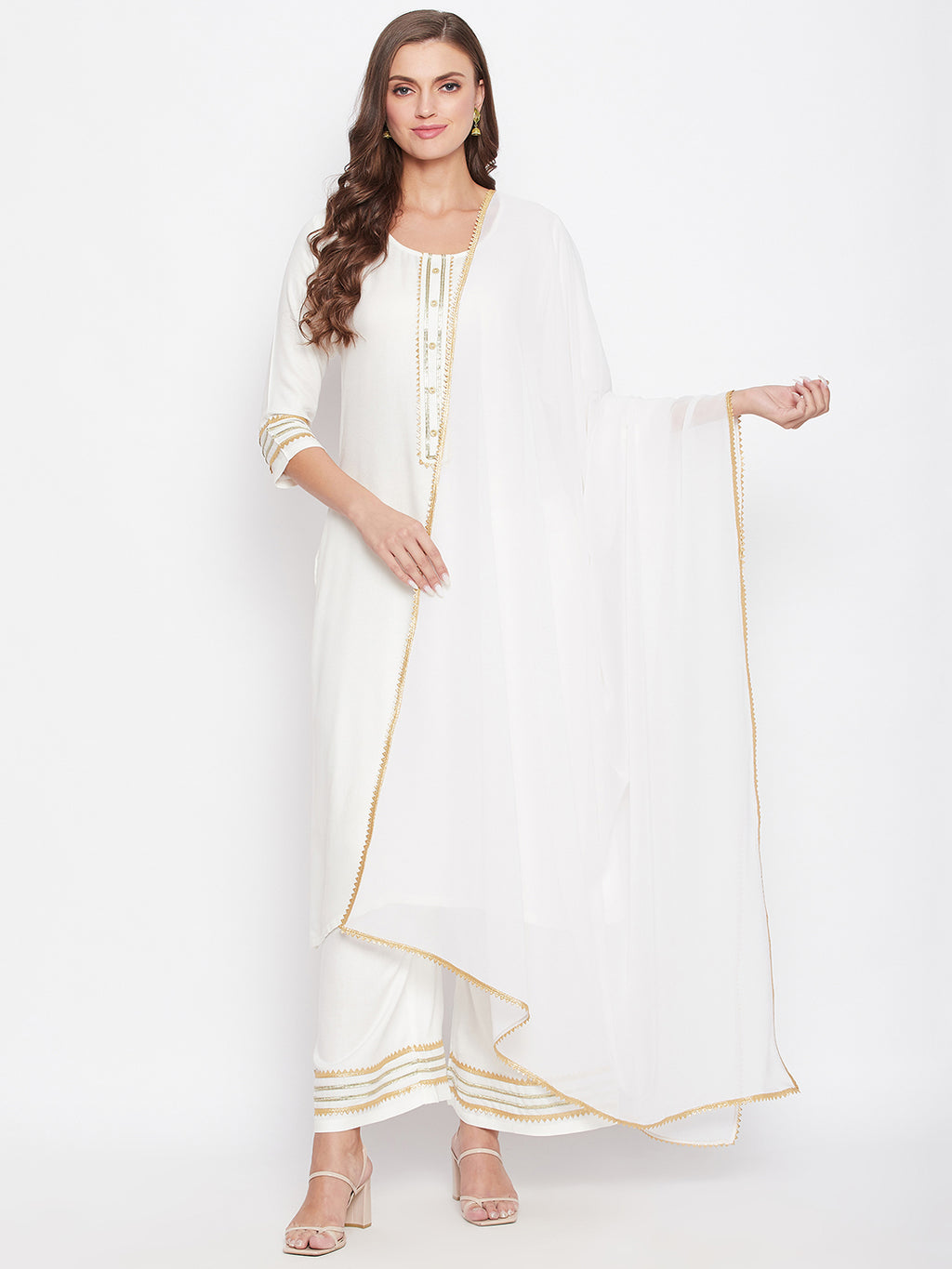 Zari Border Kurta Palazzo Dupatta Set.