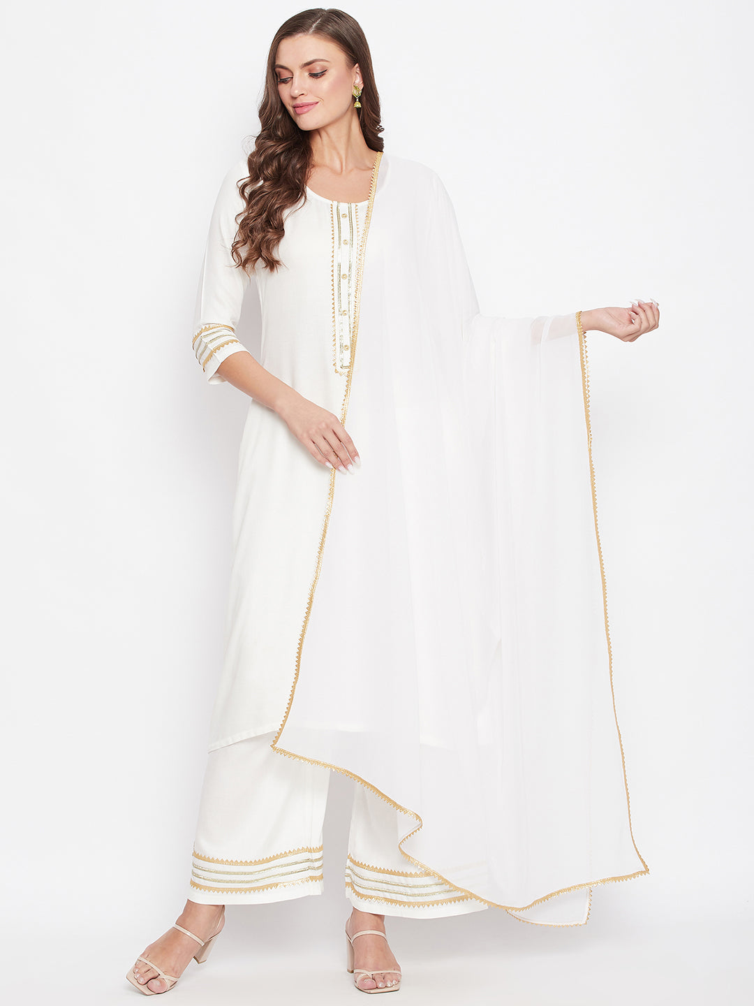 Zari Border Kurta Palazzo Dupatta Set.