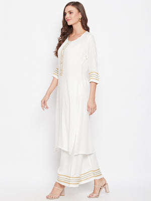 Zari Border Kurta Palazzo Dupatta Set.