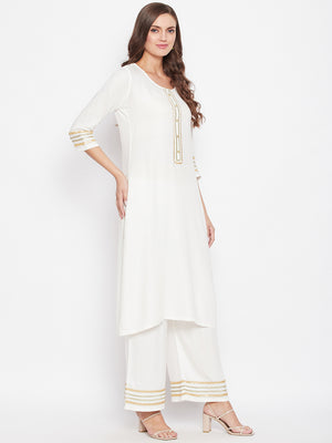 Zari Border Kurta Palazzo Dupatta Set.