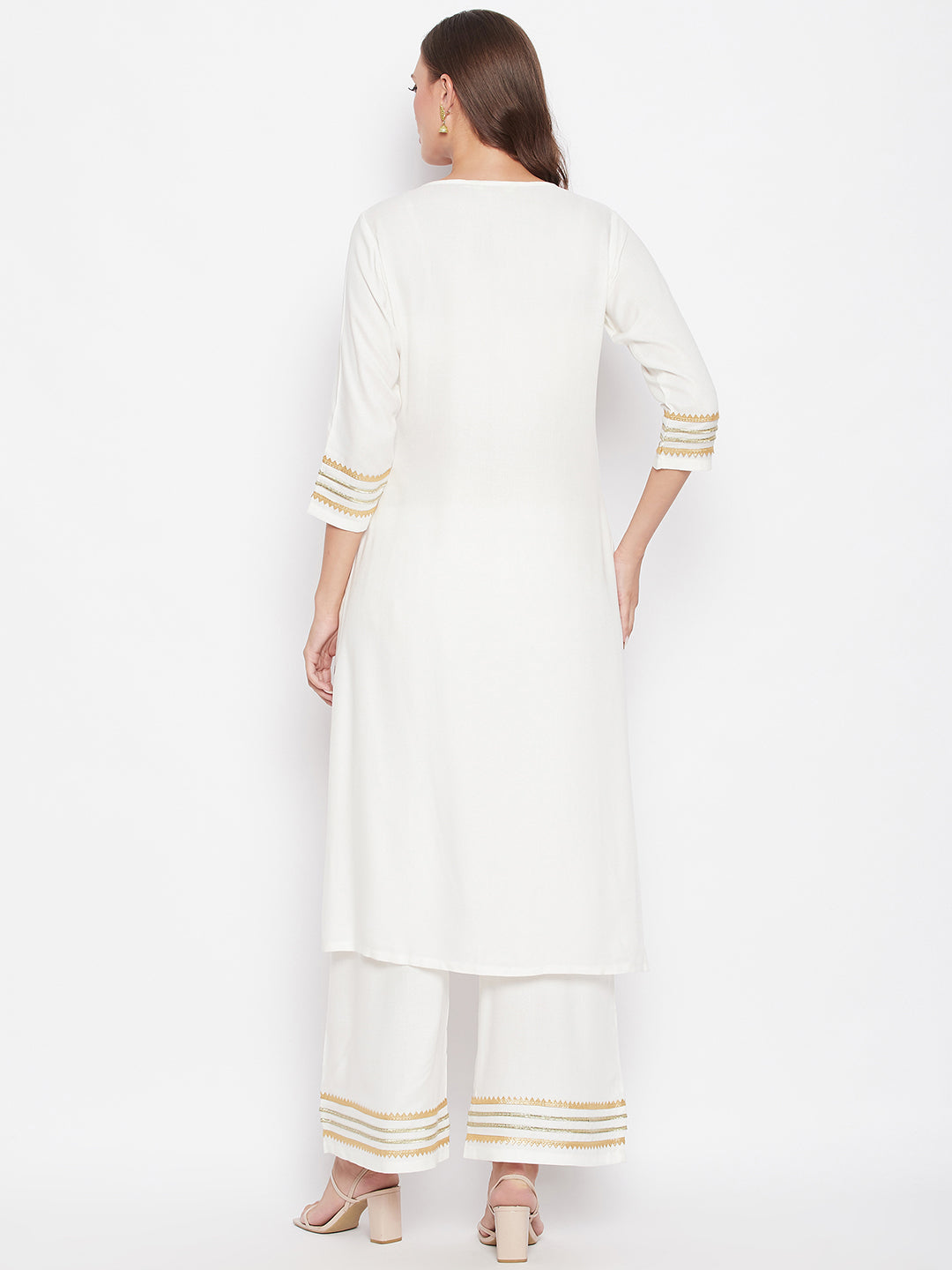 Zari Border Kurta Palazzo Dupatta Set.