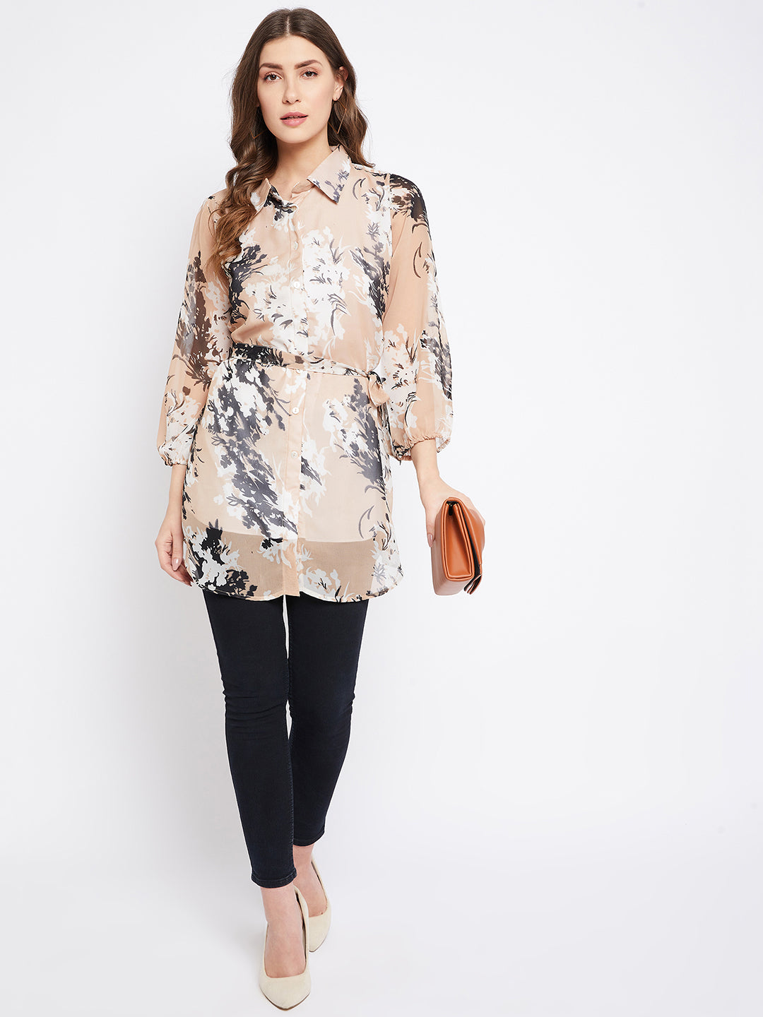 Printed Shirt Collar Georgette Tunic