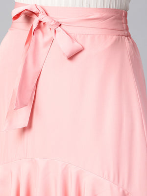 Peach Long Ruffle High Low Skirt (Sku-BLMG12803).