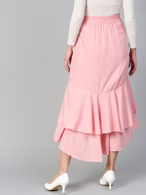 Peach Long Ruffle High Low Skirt (Sku-BLMG12803).