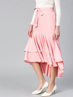 Peach Long Ruffle High Low Skirt (Sku-BLMG12803).