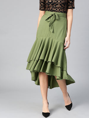 Olive Long Ruffle High Low Skirt (Sku-BLMG12804).