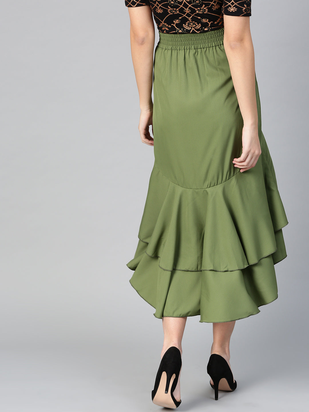Olive Long Ruffle High Low Skirt (Sku-BLMG12804).