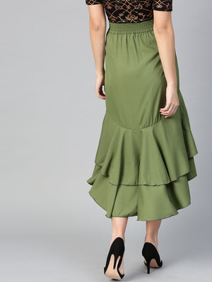 Olive Long Ruffle High Low Skirt (Sku-BLMG12804).