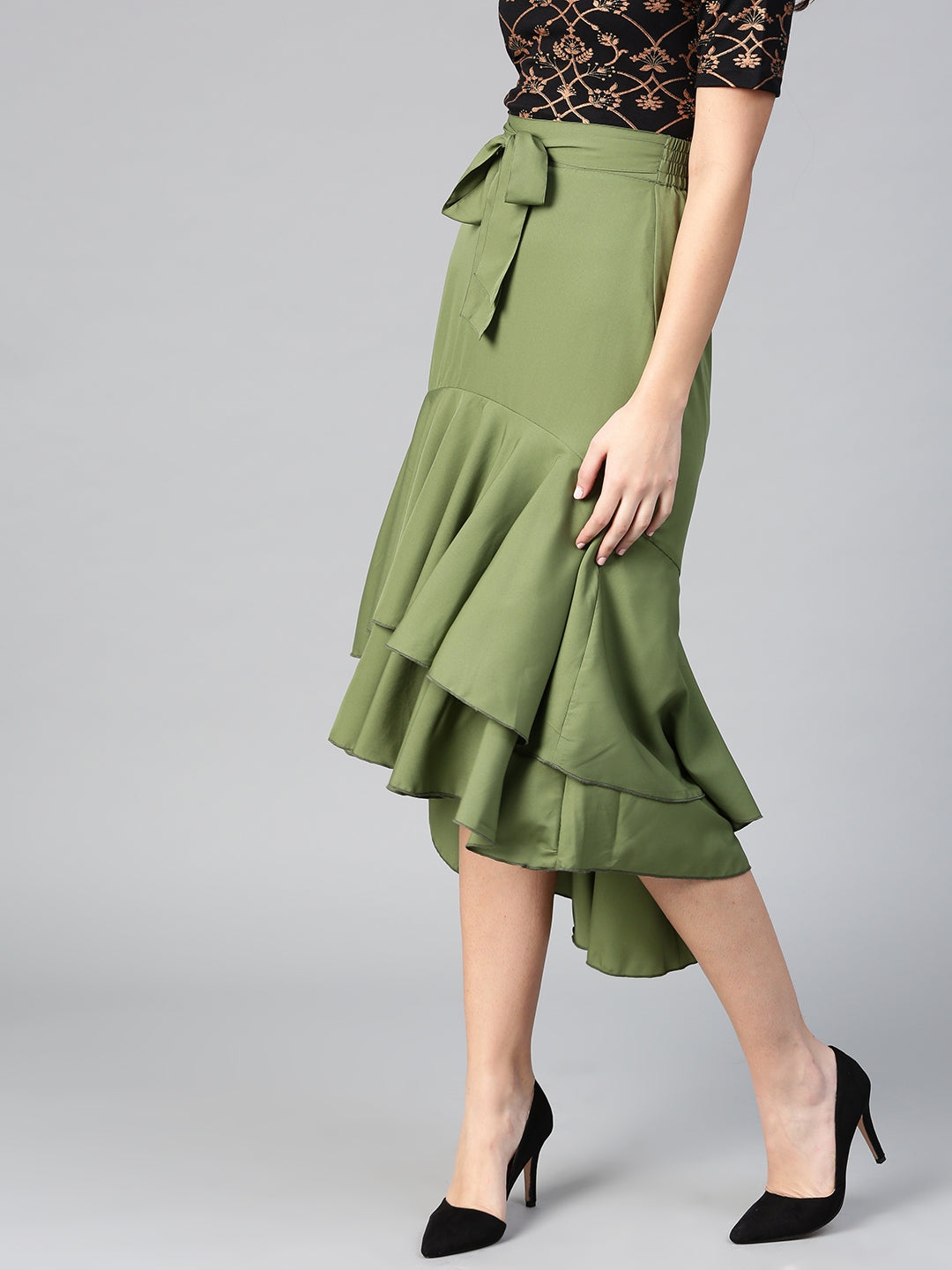 Olive Long Ruffle High Low Skirt (Sku-BLMG12804).