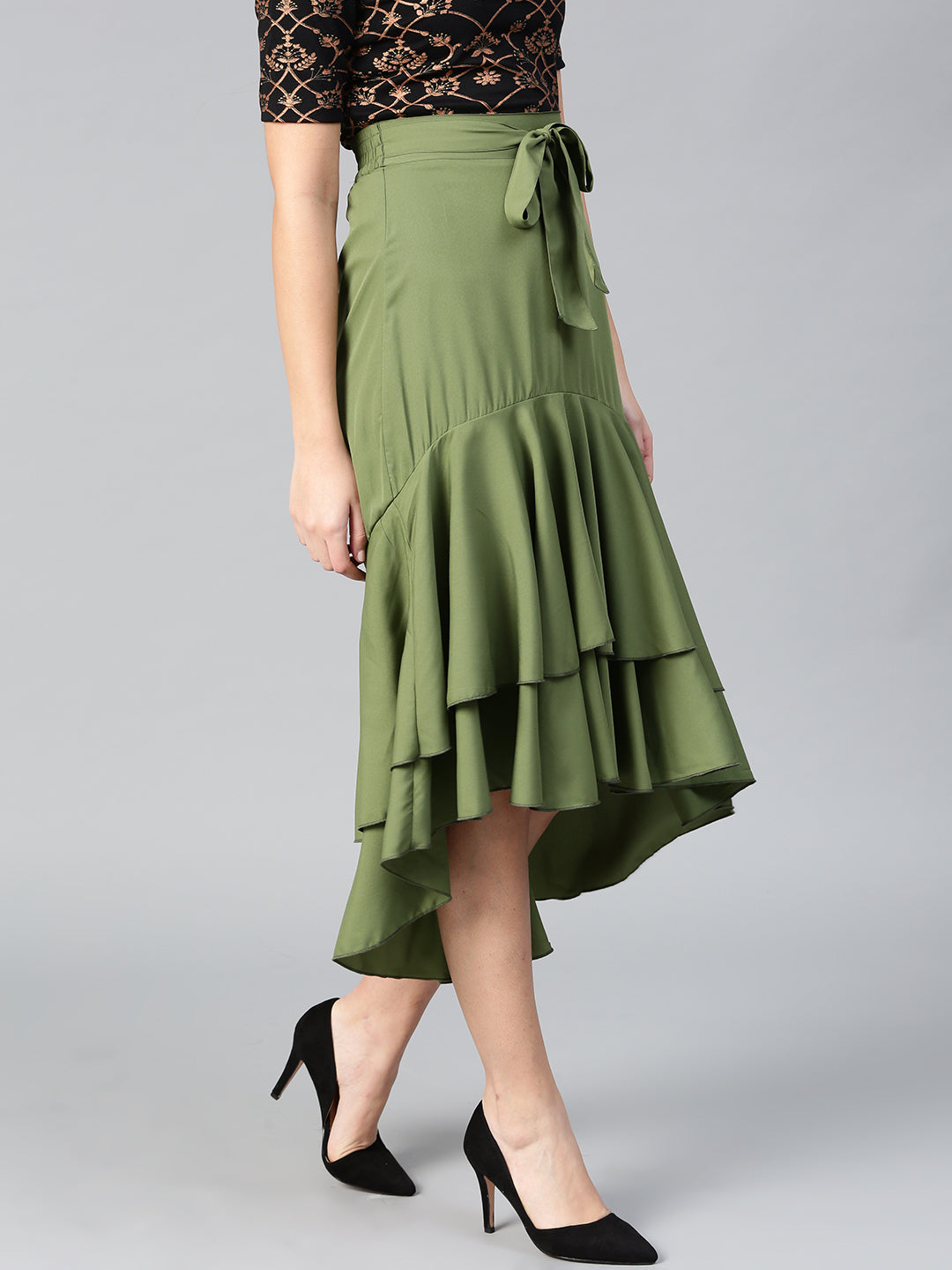 Olive Long Ruffle High Low Skirt (Sku-BLMG12804).