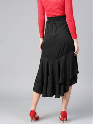 Black Crepe Long Ruffle High Low Skirt (Sku- BLMG12805).