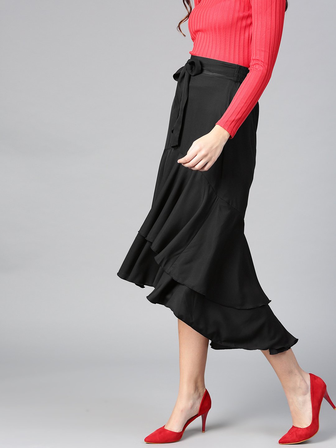 Black Crepe Long Ruffle High Low Skirt (Sku- BLMG12805).