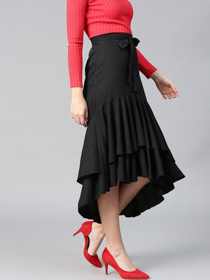 Black Crepe Long Ruffle High Low Skirt (Sku- BLMG12805).