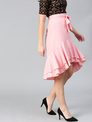 Peach Ruffled High Low Skirt (Sku-BLMG12806).