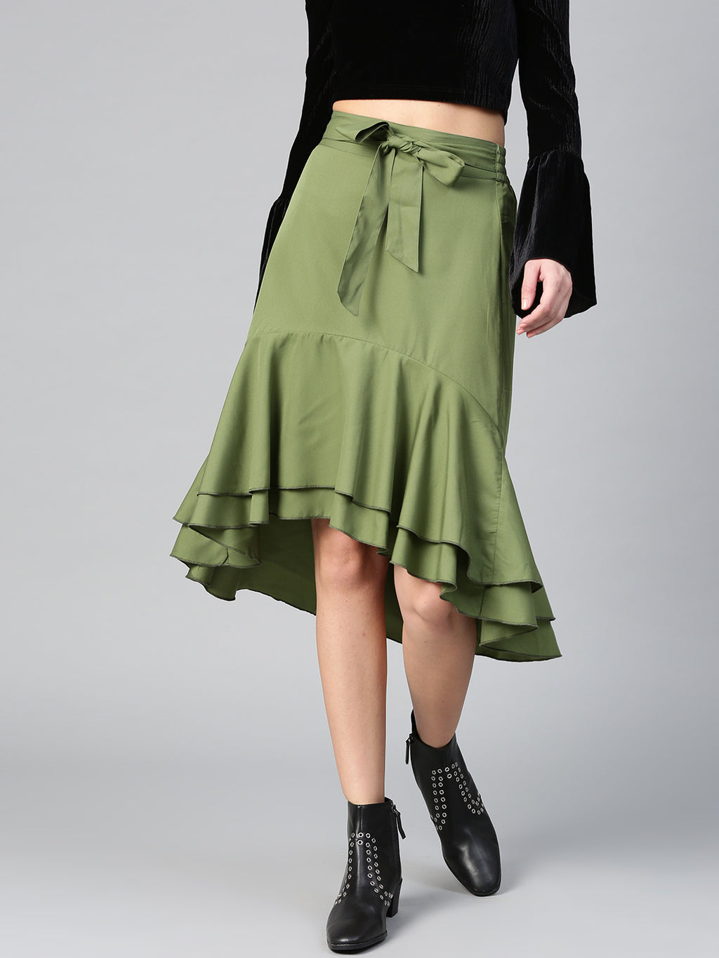 Olive Ruffled High Low Skirt (Sku-BLMG12807).
