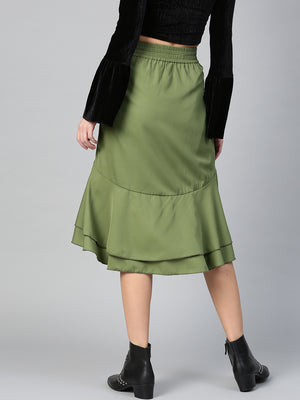 Olive Ruffled High Low Skirt (Sku-BLMG12807).