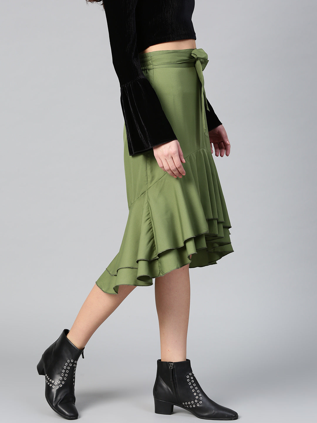 Olive Ruffled High Low Skirt (Sku-BLMG12807).
