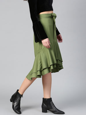 Olive Ruffled High Low Skirt (Sku-BLMG12807).