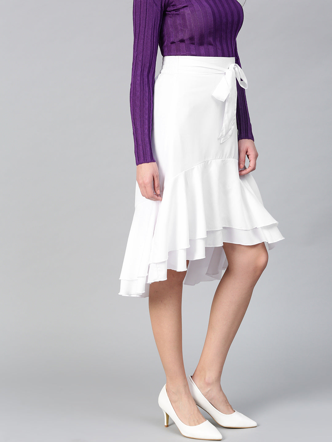 White Ruffled High Low Skirt (Sku- BLMG12810).