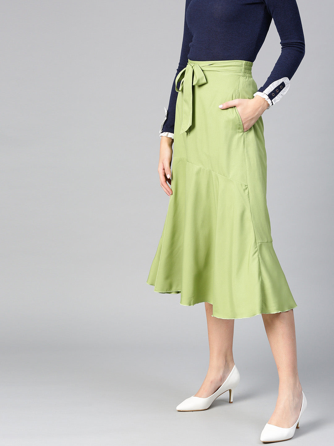 Green A Line With Front Slit Skirt (Sku-BLMG12812).