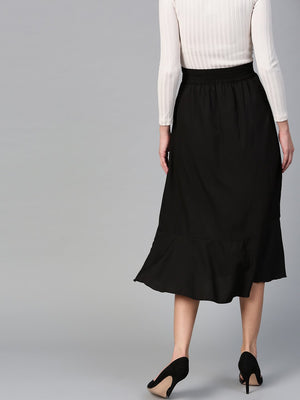 U&F Crepe Black Ankle Length Solid Pleated Skirt