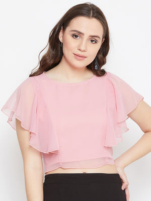 Peach Solid Ruffled Crop Top( Sku- BLMG20215).