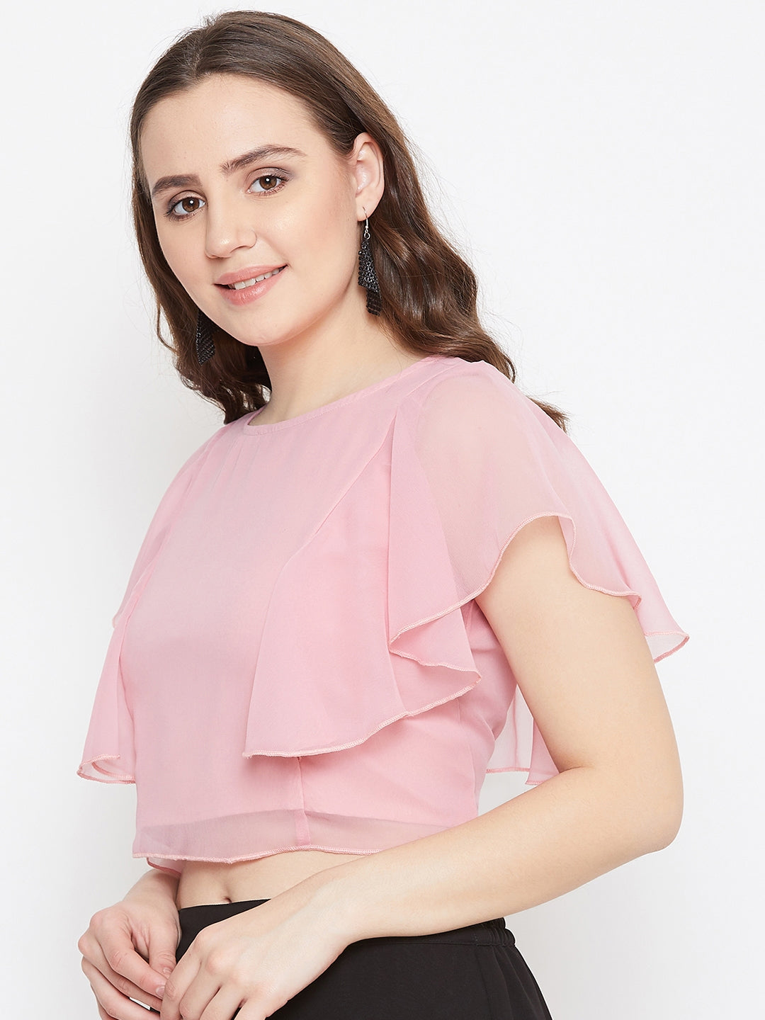 Peach Solid Ruffled Crop Top( Sku- BLMG20215).