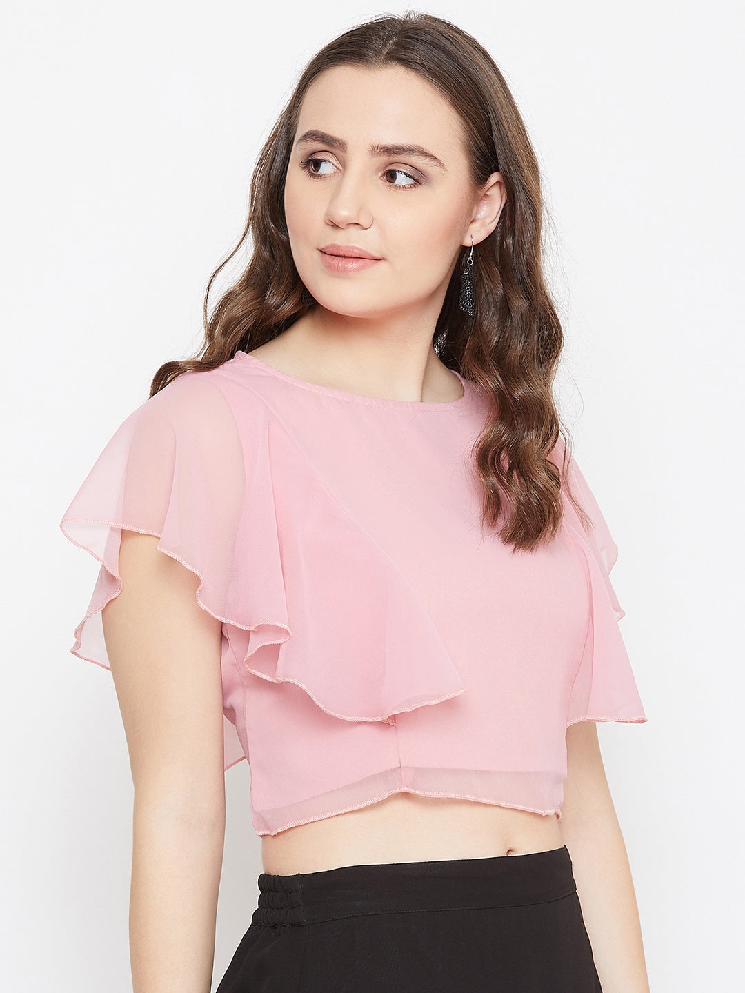 Peach Solid Ruffled Crop Top( Sku- BLMG20215).