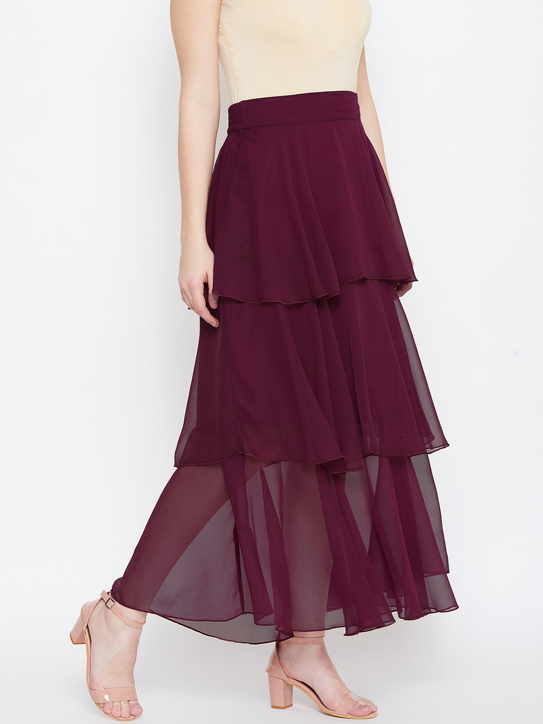 Burgundy ruffle skirt on sale