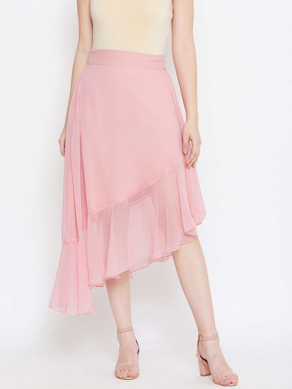 Pink Asymmetrical Ruffled Skirt (Sku- BLMG20218).