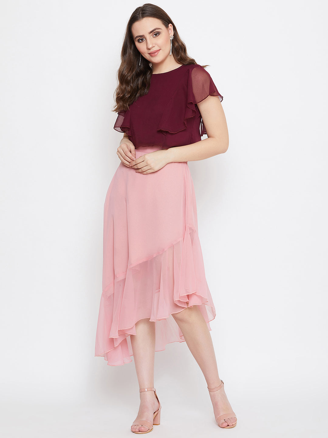 Pink Asymmetrical Ruffled Skirt (Sku- BLMG20218).