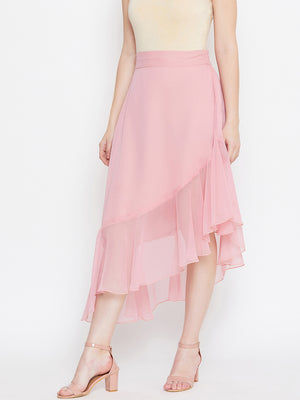 Pink Asymmetrical Ruffled Skirt (Sku- BLMG20218).