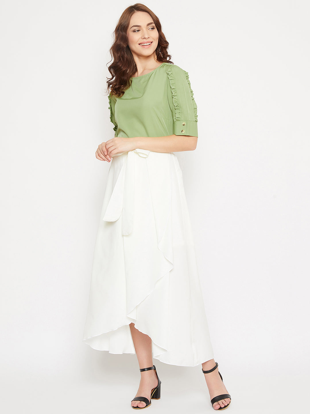 Frill Sleeve Top & Asymmetrical Skirt Set (Sku-BLMG20293).