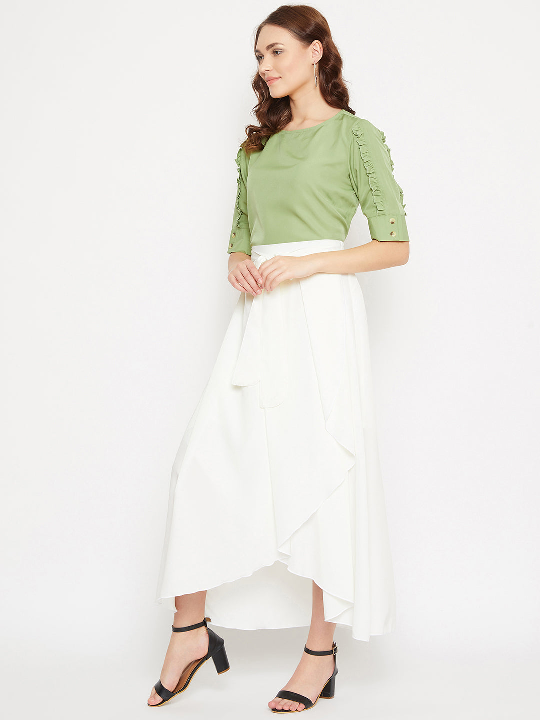 Frill Sleeve Top & Asymmetrical Skirt Set (Sku-BLMG20293).