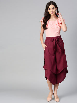 Peach Sleeveless Top & Burgundy Layered Trouser Set (Sku-BLMG7819).