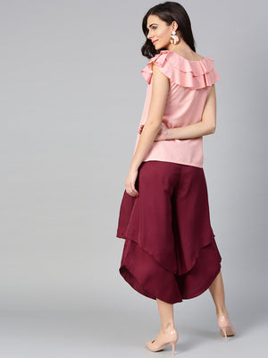 Peach Sleeveless Top & Burgundy Layered Trouser Set (Sku-BLMG7819).