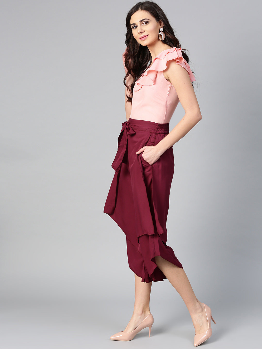 Peach Sleeveless Top & Burgundy Layered Trouser Set (Sku-BLMG7819).